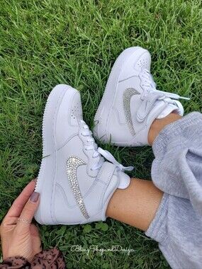 Bling Nike Air Force 1 07 Mid White Shoes Womens Custom With Crystals